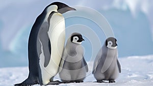 Family of Emperor Penguins on Snowy Antarctic Landscape