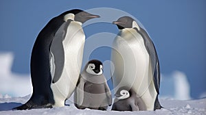 Family of Emperor Penguins on Snowy Antarctic Landscape