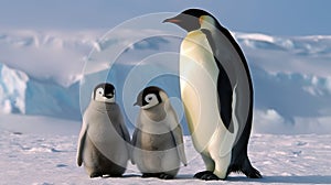 Family of Emperor Penguins on Snowy Antarctic Landscape