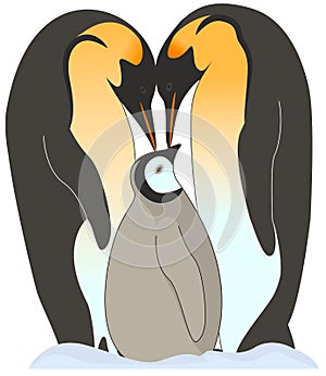 The family of emperor penguins takes care of their offspring with tenderness and love