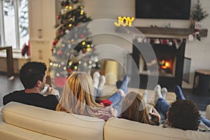 Family Enjoying Hot Drink In Cafe at home close to fireplace view from back