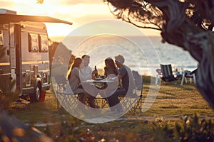 Family enjoying a meal outdoors by an RV motorhome at a seaside campsite during sunset