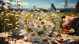 A family enjoying a picnic in a blooming meadow vacati. Generative AI.