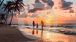 Family enjoying a picturesque sunset from a sandy beach