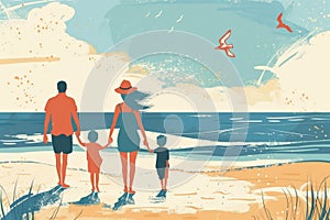 Family enjoying summer fun together at the beach. illustration in printmaking style photo