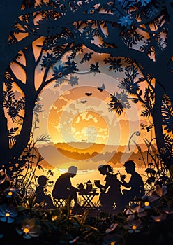 Family Enjoying Tea Time in Forest Silhouette Art