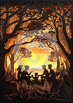 Family Enjoying Tea Time in Forest Silhouette Art