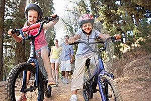 Family enjoying walk in the countryside with bikes