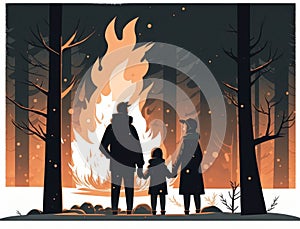 A family enjoying a warm winter fire the flames dancing against the snowcovered trees in the background. Lifestyle