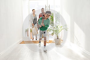 Family entering their house