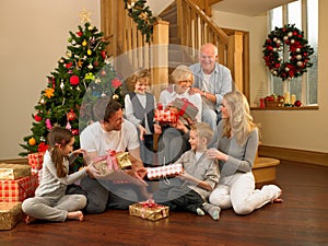 Family exchanging gifts in front of Christmas tree photo