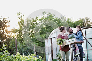 Family of famers carrying their vegetables home in wooden boxes, at the end of the day, the Father is carrying their daughter