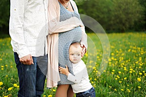 Family. Family Portrait. Young happy Family walking outdoor. Pregnant woman, husband and Child - happy Family having fun
