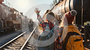 Family farewell at train station, children waving goodbye to departing train