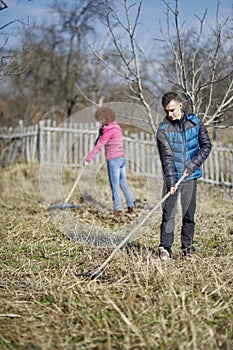 Family of farmers spring cleaning