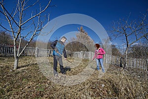 Family of farmers spring cleaning