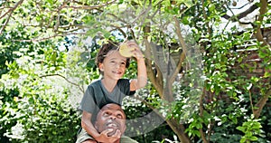 Family, father and boy picking an apple, summer and happiness with joy and bonding together. Garden, parent or dad with