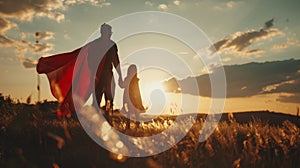 Family. Father and daughter playing outdoors. Daddy and his child girl wearing superhero costumes. Father's Day