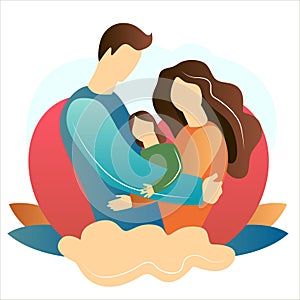 Family.Father and mother silhouette with her baby. Wife and husband. Card of Happy Mothers Day. Vector illustration with beautiful