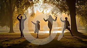 family, father, mother, son, daughter doing morning exercise in park