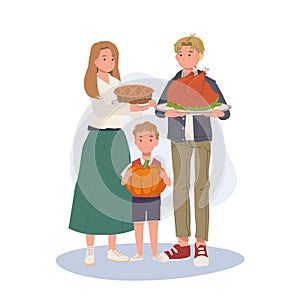 Family Feast Illustration. Thanksgiving Meal . Thanksgiving Celebration with Roasted Turkey and pumpkin pie