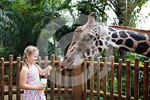 Family feeding giraffe in zoo. Children feed giraffes in tropical safari park during summer vacation. Kids watch animals. Little