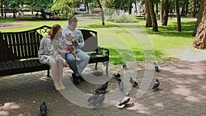 Family feeds pigeons at the park bench.