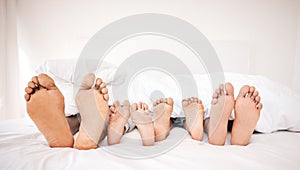 Family feet, bedroom and bed in the morning of a mother, father and young children sleeping. Mama, kids and dad foot in