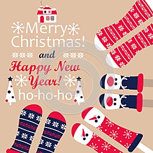 Family feet in Christmas socks. Vector.