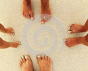 Family feet on the sand on the beach