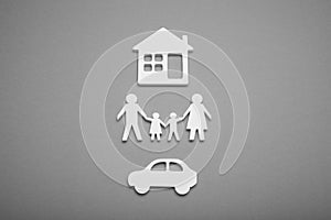 Family figure concept with car and house. Apartment agency, buy home