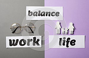 Family figures, eyeglasses and words Balance, Life, Work on color background, flat lay