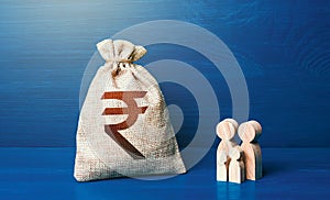 Family figurines and indian rupee money bag. Family budget. Income, expenses. Favorable conditions for population growth.
