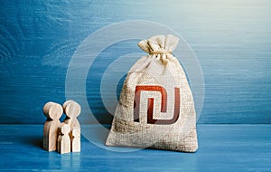 Family figurines and israeli shekel money bag. Family budget. Income, expenses. Refugees crisis. Favorable conditions for