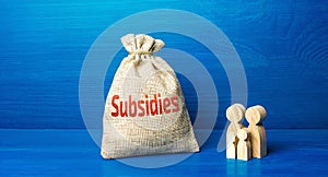 Family figurines and subsidies money bag. Financial support in paying bills. Providing tax breaks, low-interest soft loans