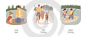 Family fishing isolated cartoon vector illustration set.