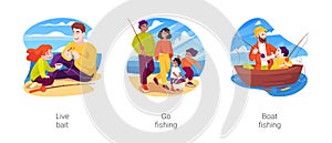 Family fishing isolated cartoon vector illustration set