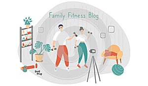 Family fitness blog. Bloggers are recording content for their video blog. Athletes are broadcasting to their subscribers