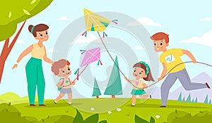 Family fly kites. Happy mother and father with children launch wind toys into sky. People walking in park. Parents and