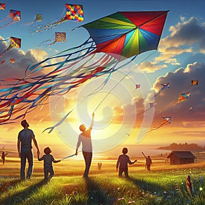 A family flying kites on a bright and breezy day, photorealist photo
