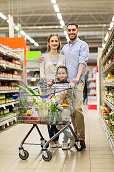 Family with food in shopping cart at grocery store