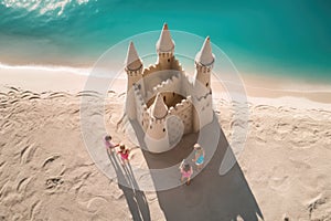 Family of Four Building Sandcastles on Sunny Beach with Turquoise Water Background - Drone Top-Down View