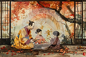 Family of four having a picnic, woman and children eating food together, A family of four enjoying a picnic in a traditional Asian