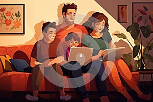 A family of four sitting on a couch together, focused on a laptop screen, Happy family with kids sit on couch using laptop, AI