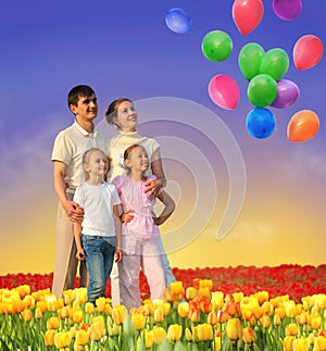 Family of four in tulip field and balloons collage