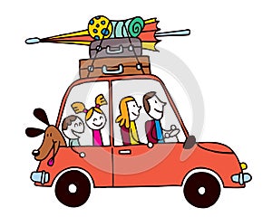 Family of four vacation, Car with luggage travel vector illustration