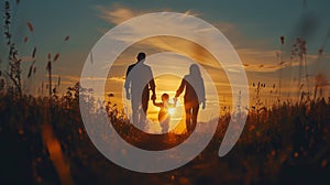 A family of four is walking through a field at sunset
