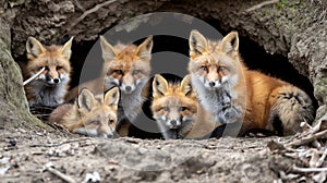 A family of foxes peering out from a den entrance