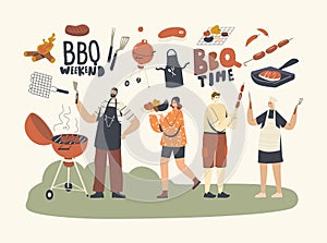 Family or Friend Characters Spend Time on Outdoor Bbq. People Cooking and Eating Sausages and Meat with Vegetables