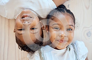 Family friends, smile and children portrait of siblings with happiness, bonding and love at home. Faces of happy kids